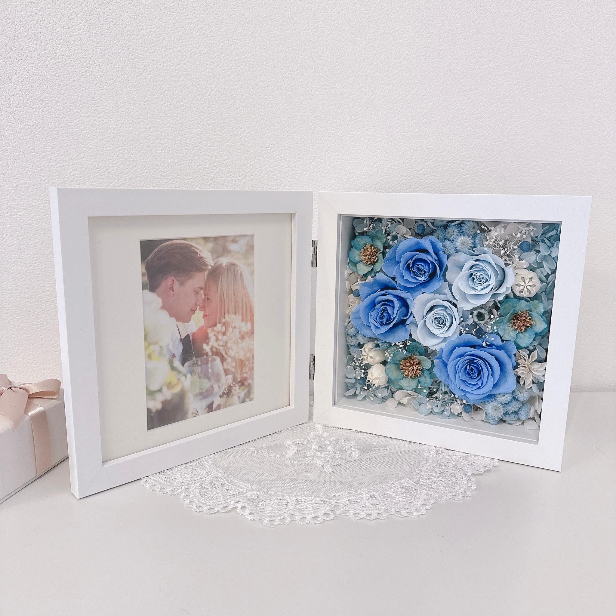 【出産祝い・男の子】フォトフレーム BOXアレンジ 写真立て バラ ブルー 青 結婚祝 誕生祝 記念日 ベビーギフト | 2枚目